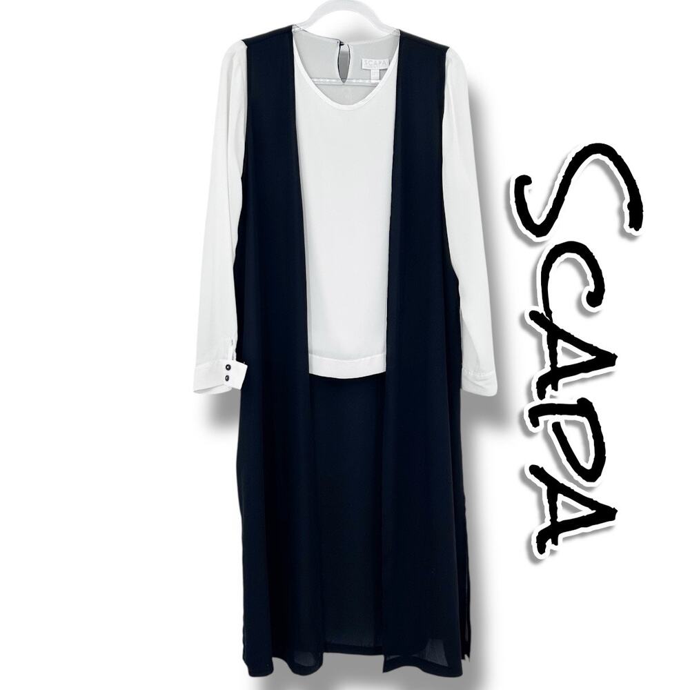 SCAPA Lauren Perre Trompe L’Oeil Layered Black White Longline Blouse Womens Sz L